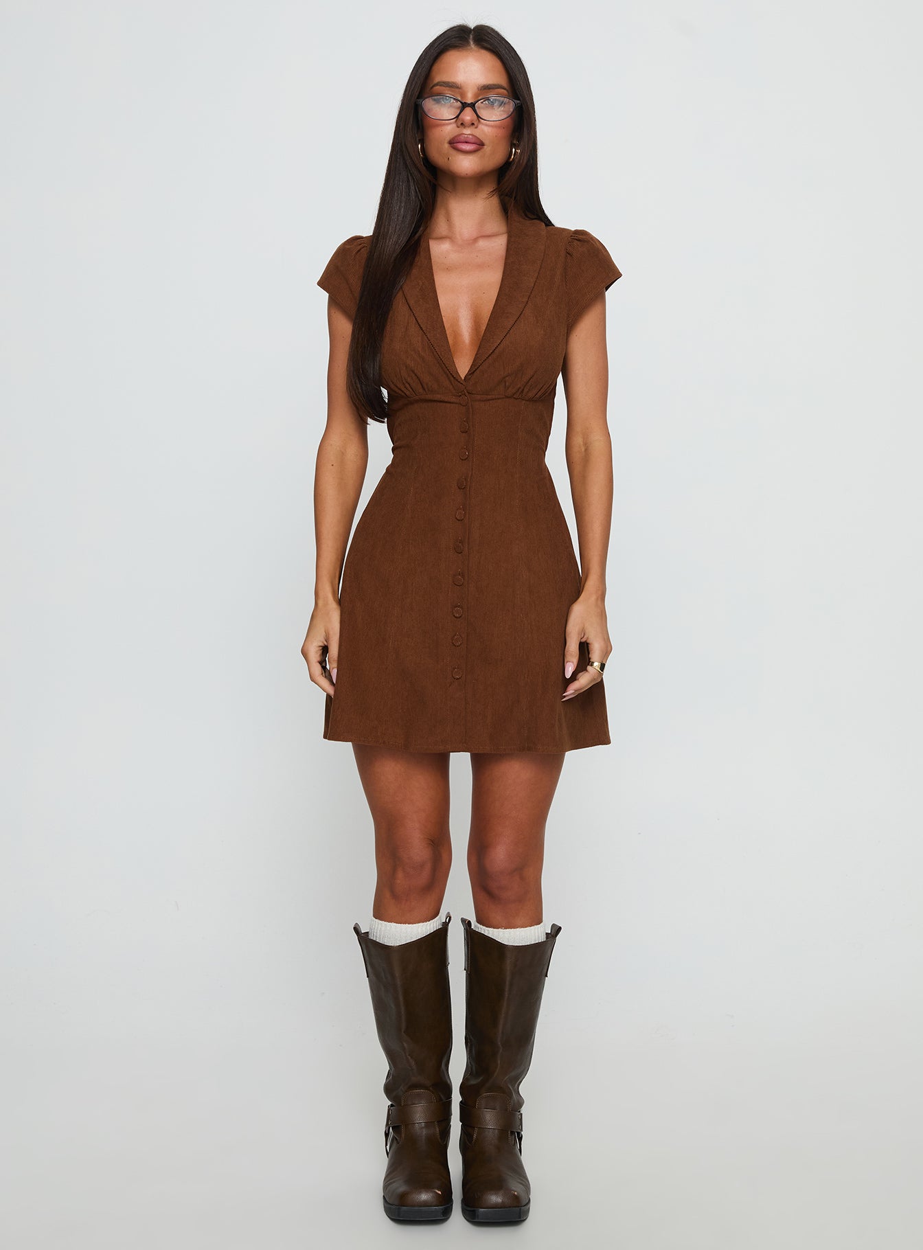 Magdalene Corduroy Button Down Mini Dress Chocolate