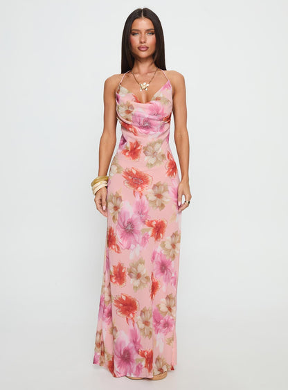 Sibellah Beaded Cowl Neck Maxi Dress Pink Multi