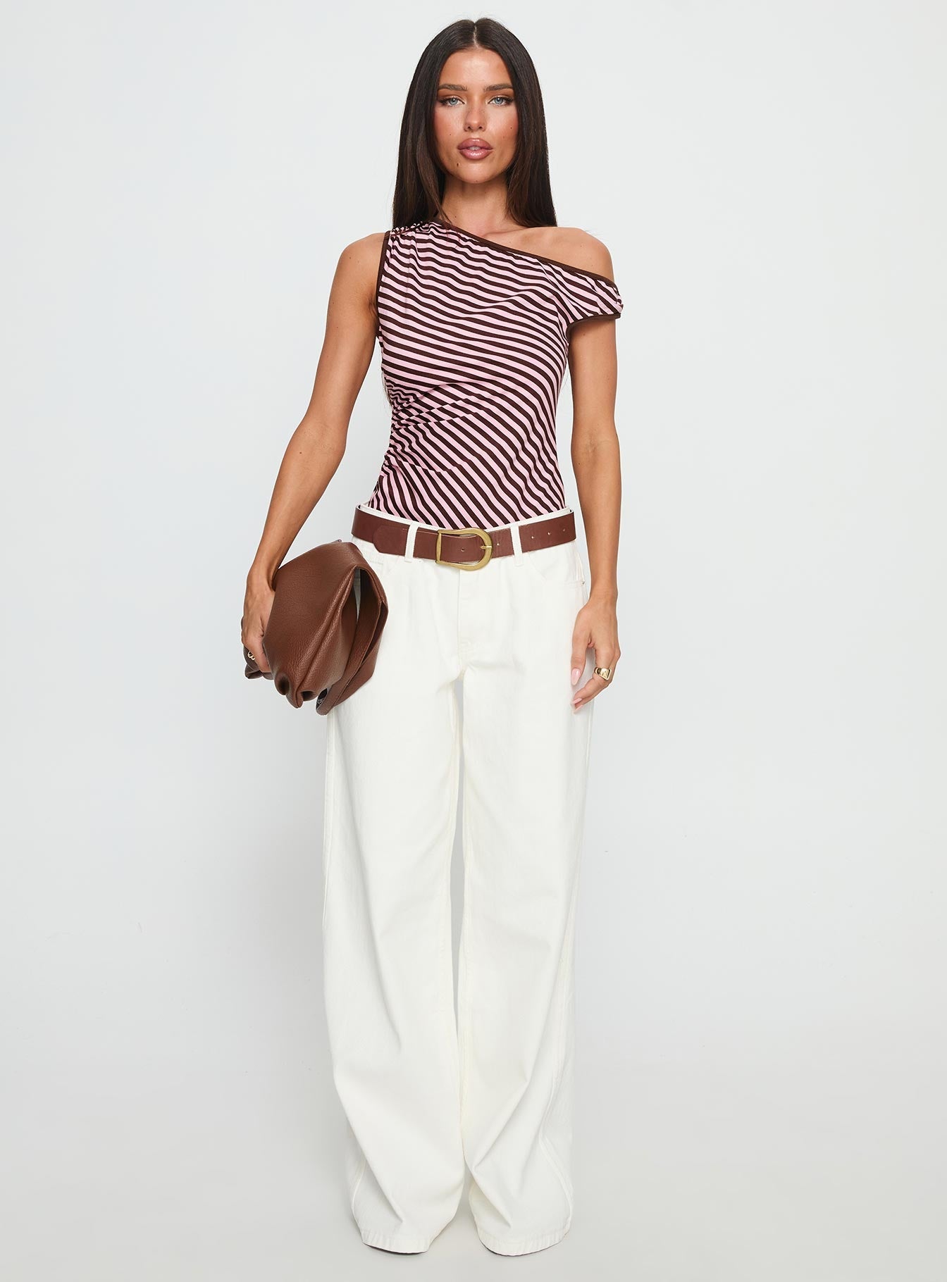 Ayviana One Shoulder Bodysuit Pink / Brown Stripe