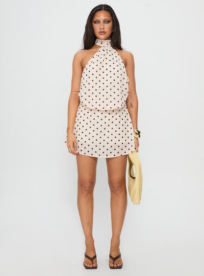 Natalea High Neck Playsuit Cream / Brown Polka