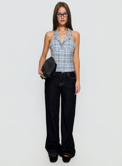Lure Button Up Sleeveless Top Baby Blue Plaid