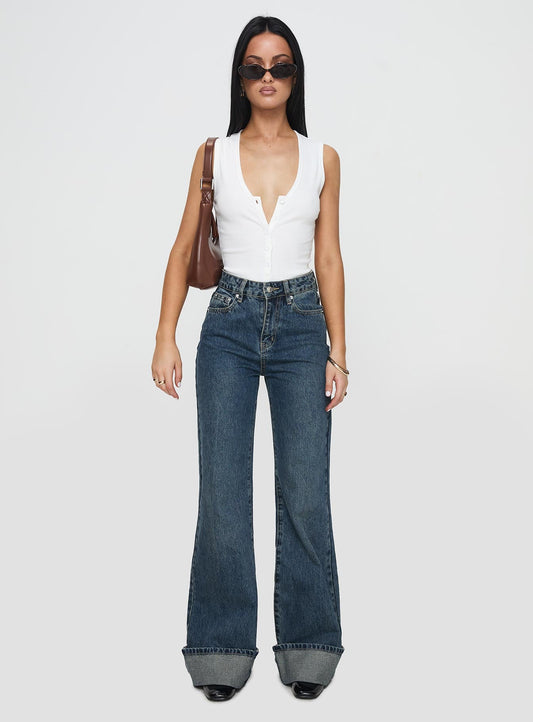 Florida Keys Mid Rise Straight Leg Cuffed Jeans Mid Blue