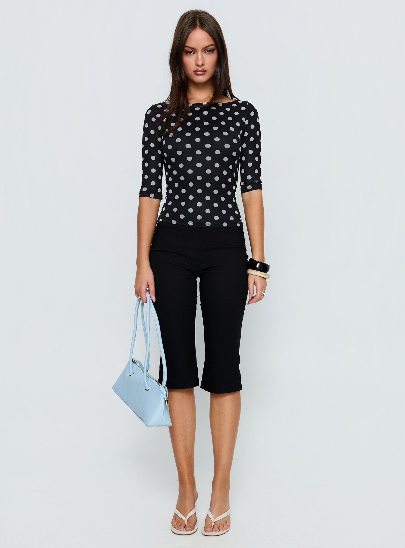 Venna 3/4 Sleeve Boat Neck Top Black / White Polka