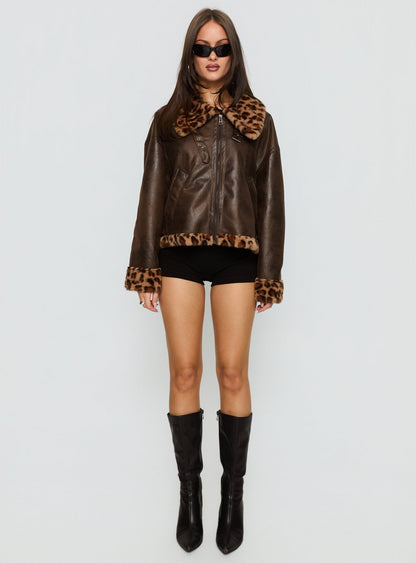 Brandyn Faux Fur Trim Jacket Brown / Leopard