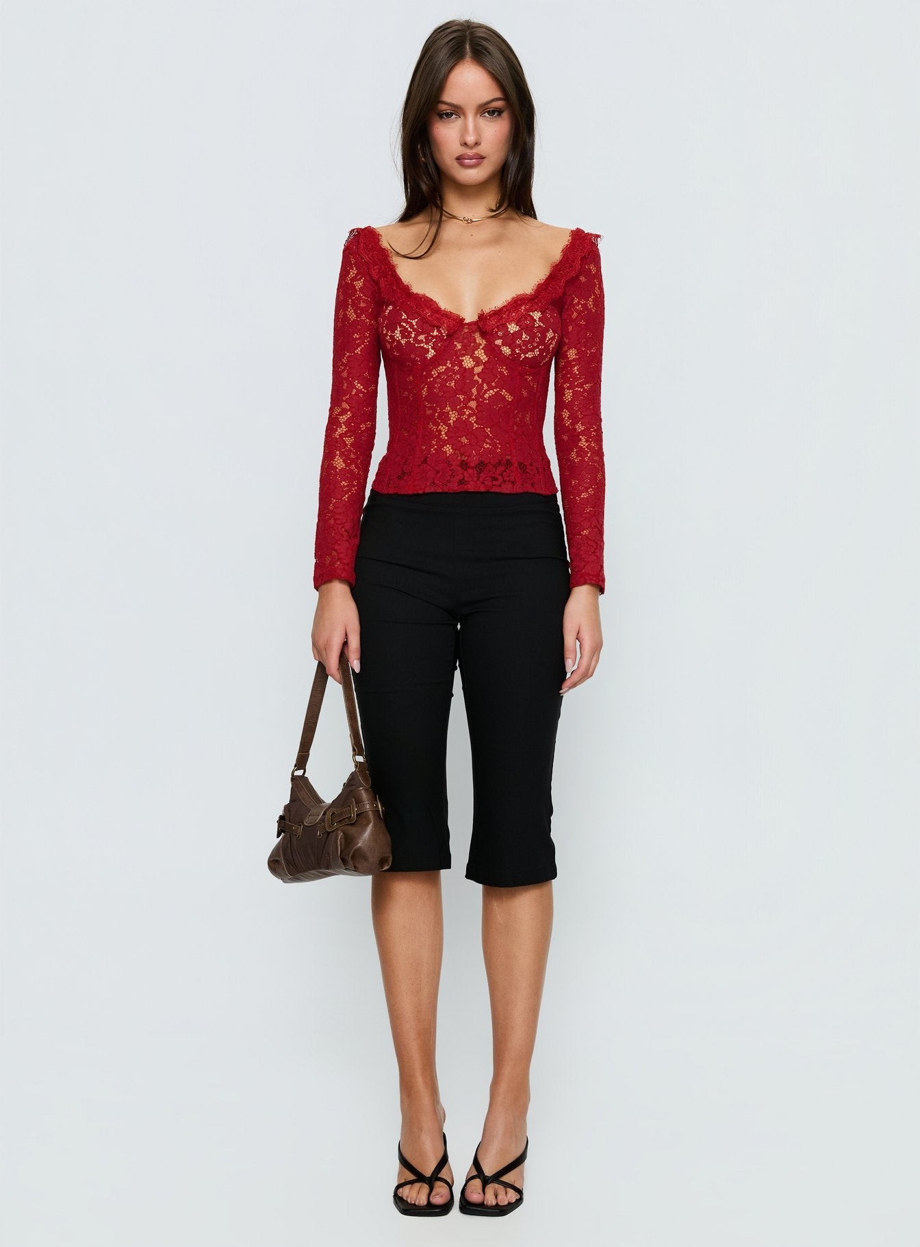 Miquela Long Sleeve Corset Lace Top Red