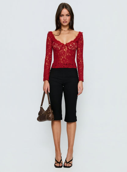 Miquela Long Sleeve Corset Lace Top Red