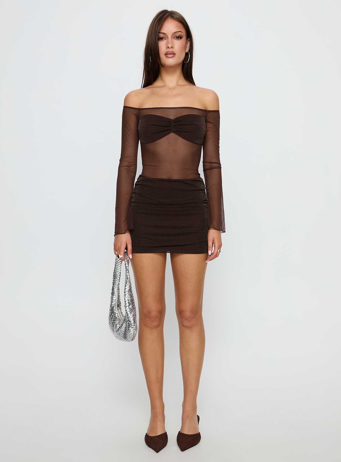 Briseida Mesh Long Sleeve Mini Dress Chocolate