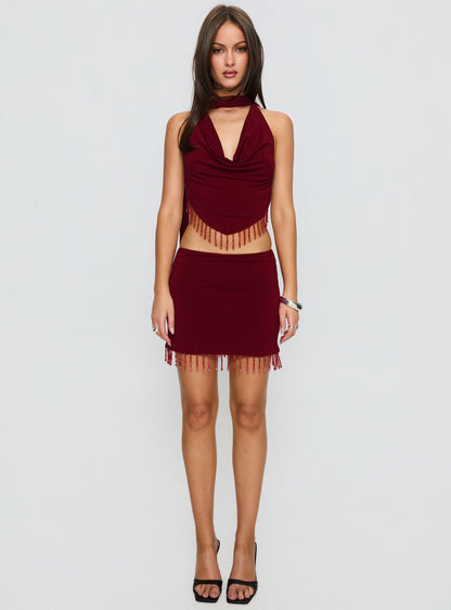 Ginah Bead Tassel Mini Skirt Red