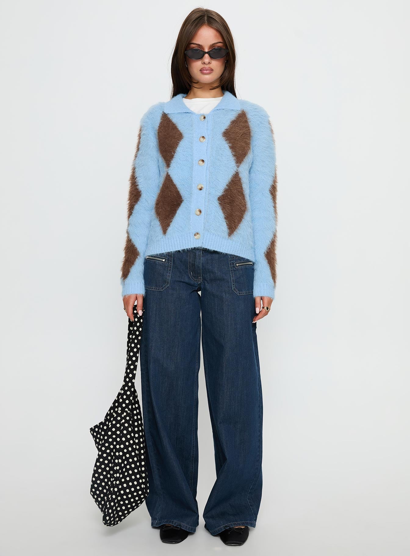 Lynnsey Fluffy Collared Knit Sweater Blue Argyle