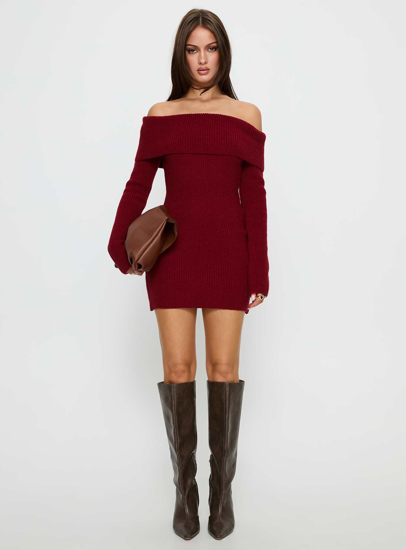 Noriko Long Sleeve Knit Mini Dress Burgundy