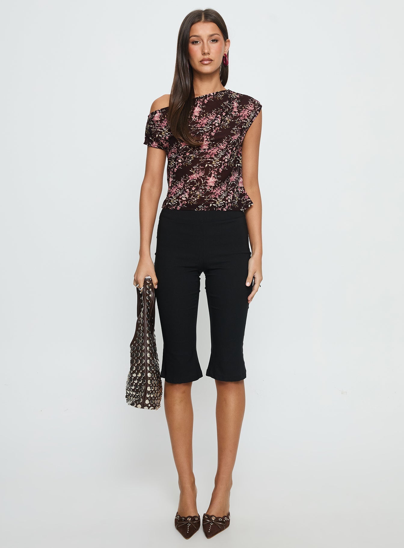 Justyna Sheer Top Off Shoulder Top Brown / Pink Floral