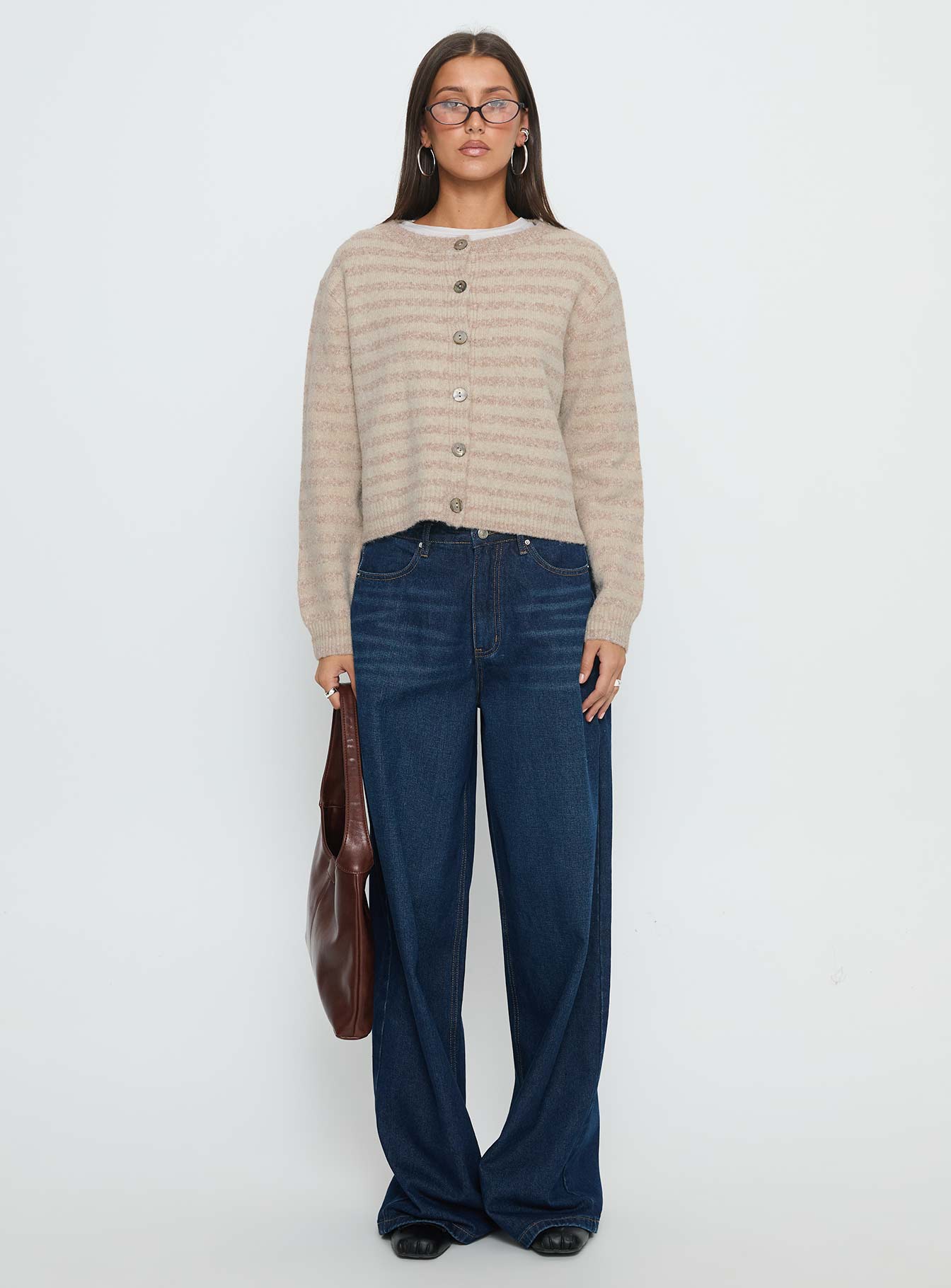 Raynna Button Up Cardigan Beige Stripe