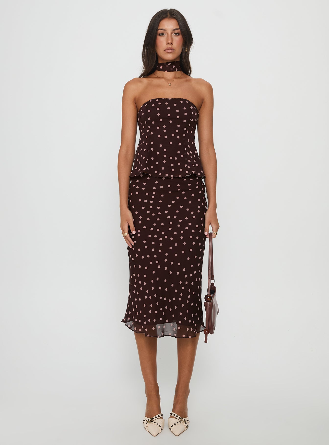 Sydni Midi Bias Cut Skirt Chocolate / Pink Polka
