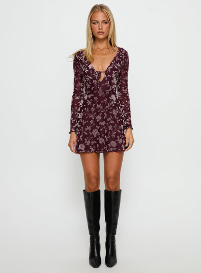 Raylena Long Sleeve V-neck Mini Dress Burgundy Floral