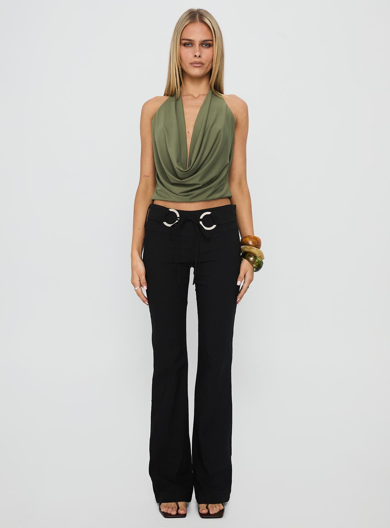 Carefree Days Jersey Cowl Neck Top Khaki