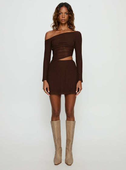 Fade To Black Off Shoulder Long Sleeve Mini Dress Chocolate