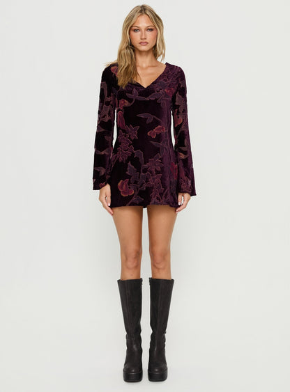 Alitra Long Sleeve Mini Dress Floral Devore Burgundy