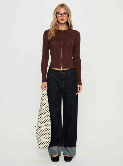 Tiaira Textured Zip Through Collared Long Sleeve Top Brown
