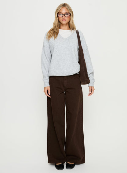 Stay The Night V Neck Knit Sweater Grey Marle