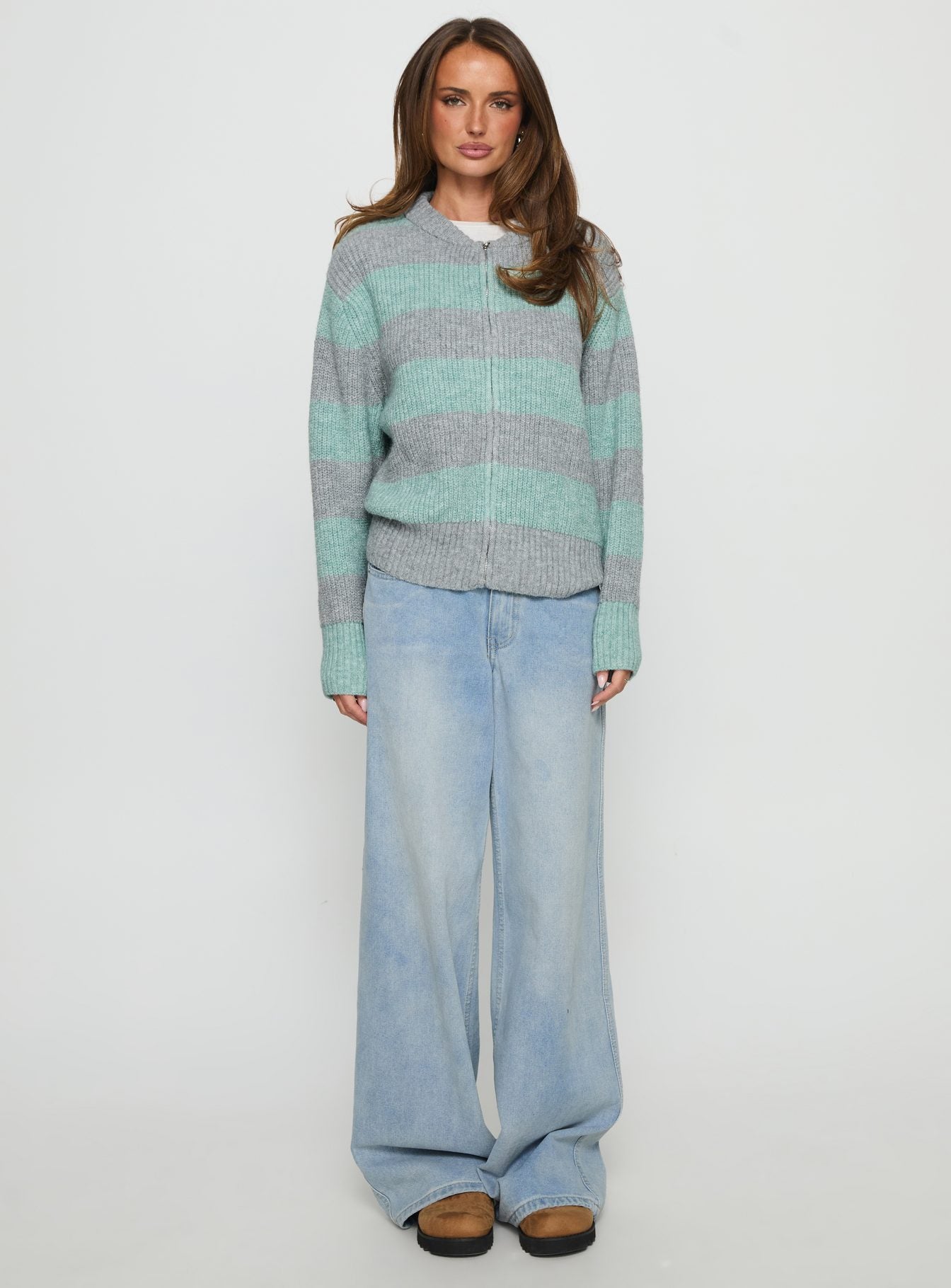 Queena Zip Through Knit Sweater Grey / Blue Stripe