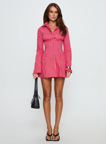 Tawni Long Sleeve Shirt Mini Dress Red Stripe