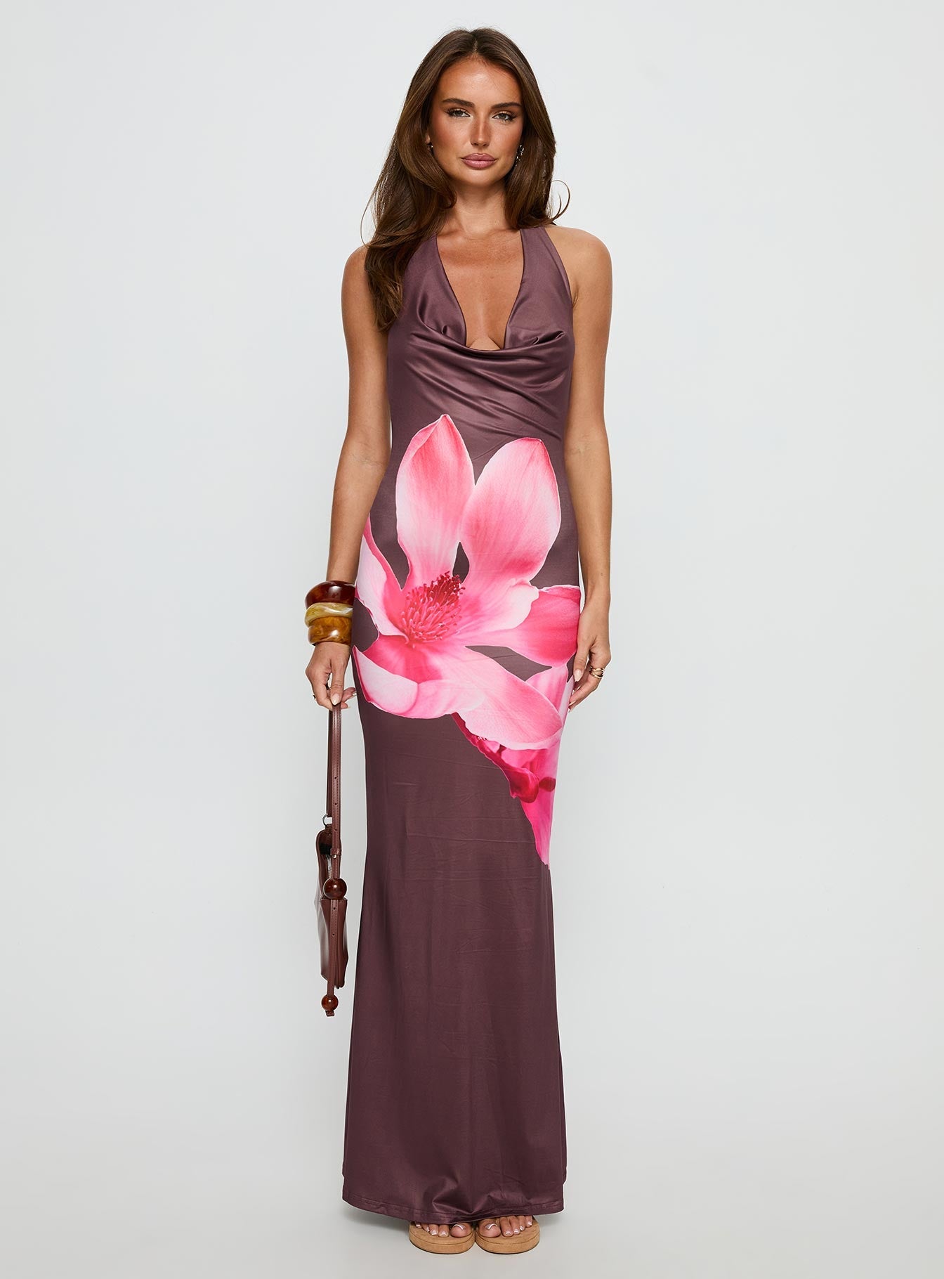 Raleina Halter Cowl Neck Maxi Dress Brown Floral