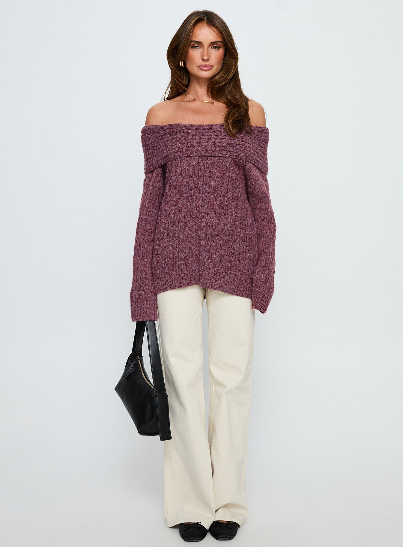 Snowie Off Shoulder Knit Sweater Burgundy