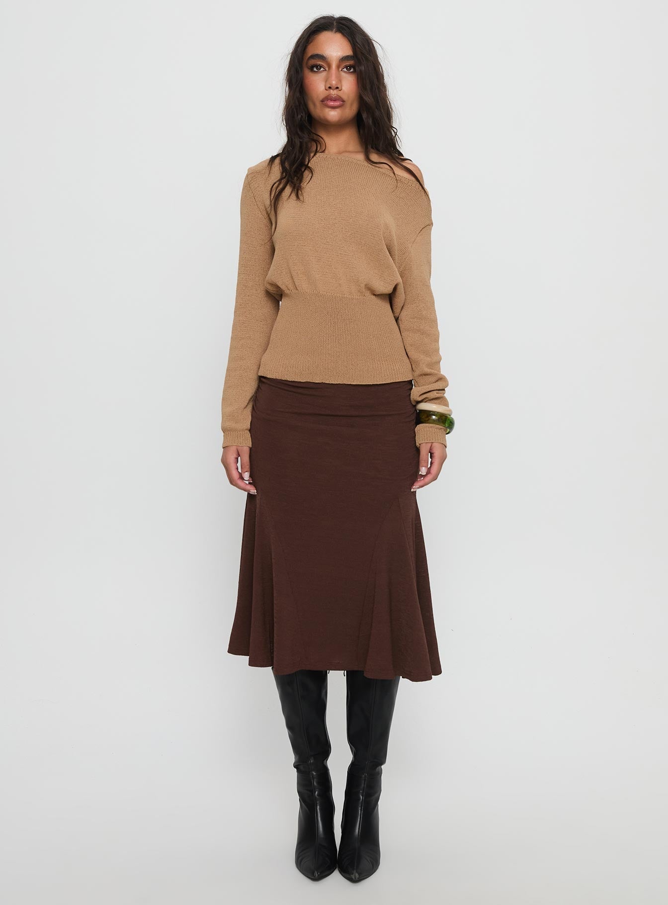 Xaria Off Shoulder Knit Sweater Tan