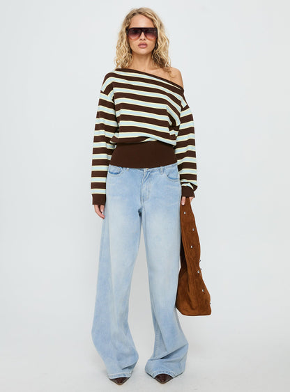 Zinia Off Shoulder Knit Sweater Brown / Blue Stripe