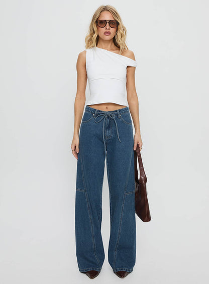 Bruiser Tie Waist Mid Rise Wide Leg Jeans Mid Blue Wash