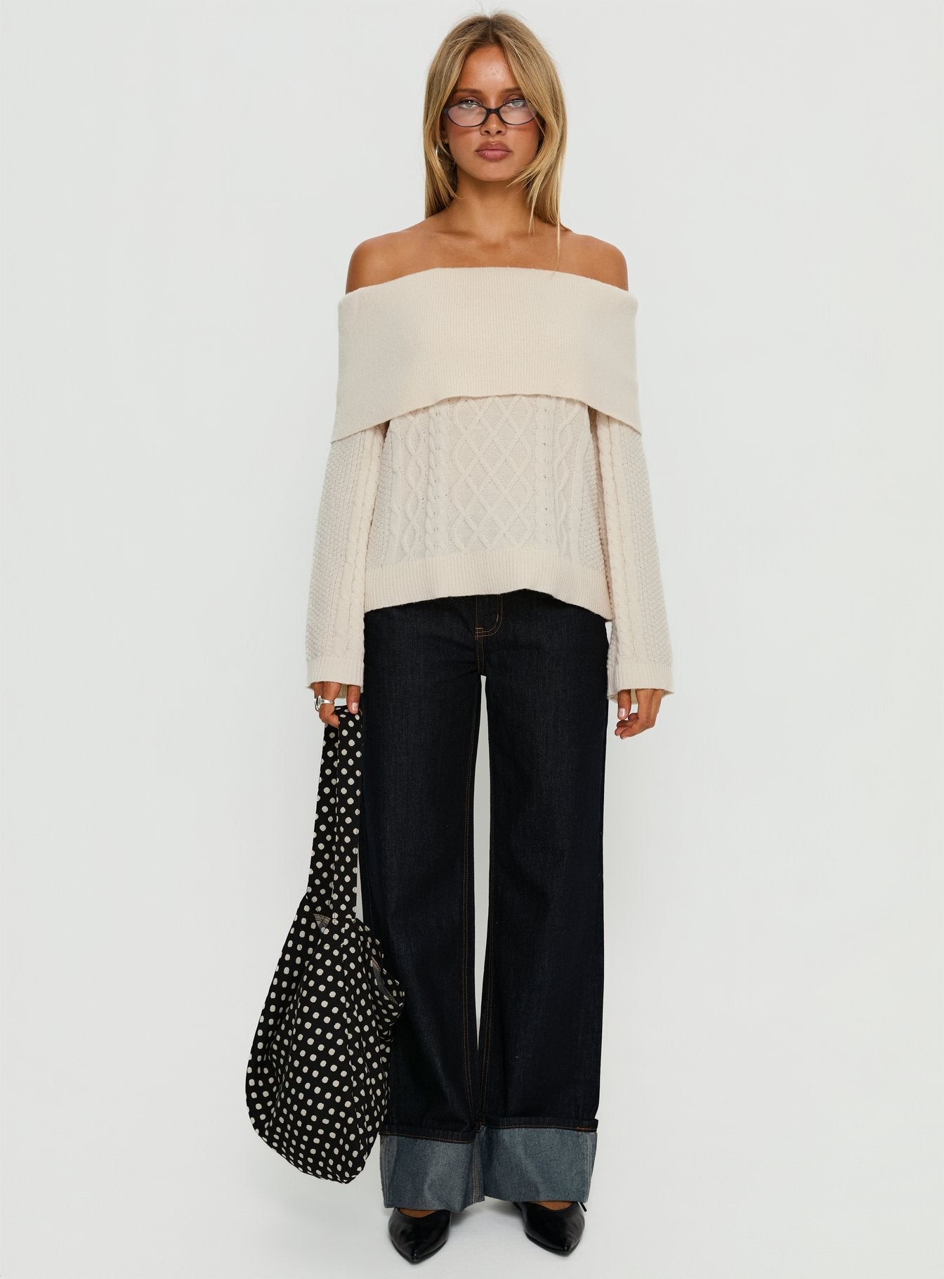 Margarete Off Shoulder Knit Sweater Cream