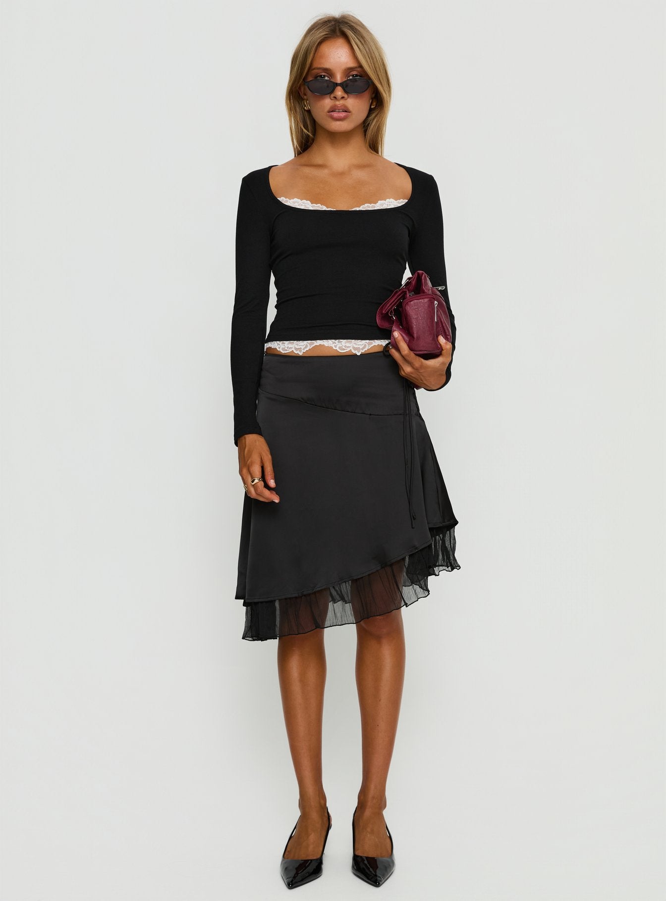 Falling Through Lace Detail Long Sleeve Top Black