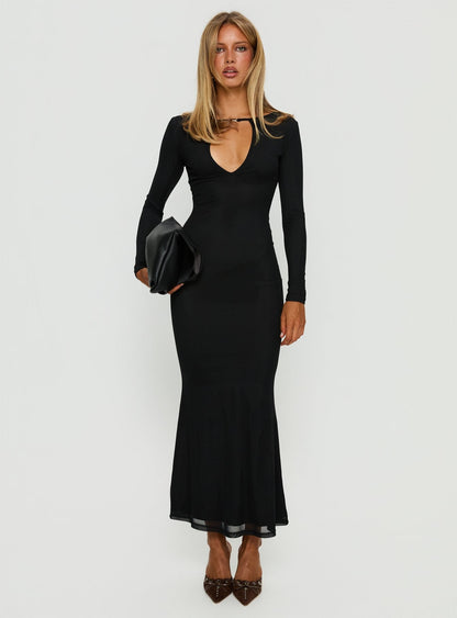 Adesa Long Sleeve Keyhole Plunge Maxi Dress Black