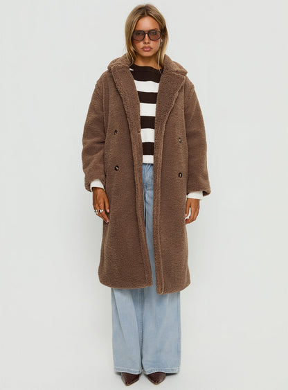 Delora Fluffy Longline Coat Brown