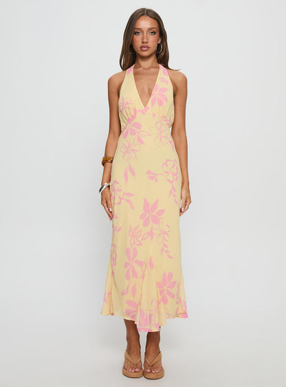 Alayla Halter Midi Dress Yellow Floral