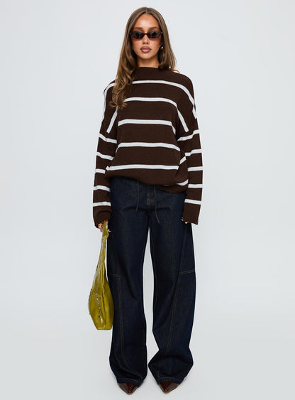 Alara Mock Neck Knit Sweater Brown Stripe