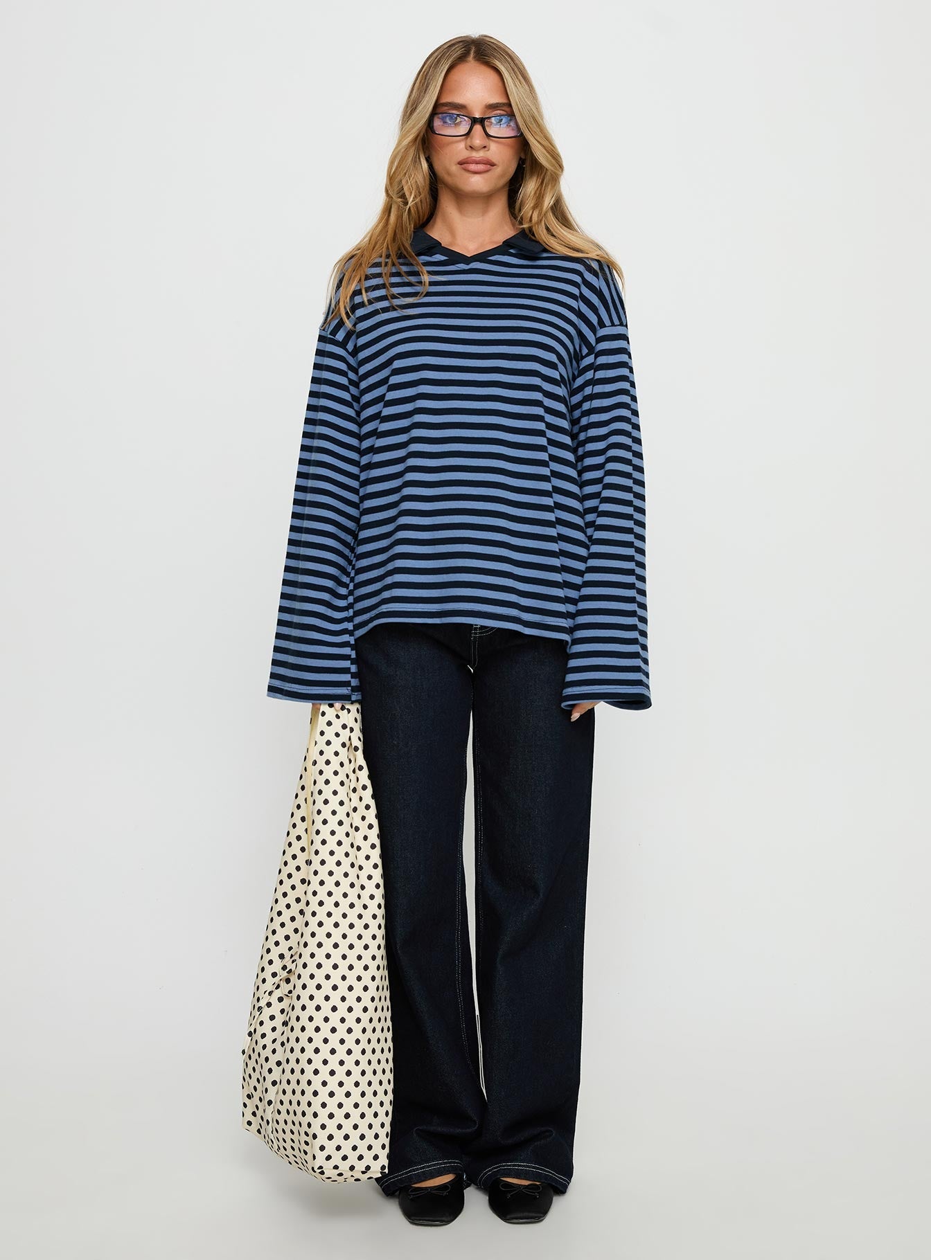 Settle Down Collared Long Sleeve Top Navy Stripe