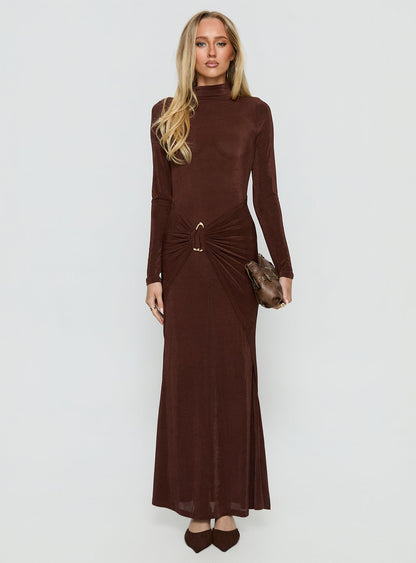 Yaqueline Long Sleeve Ruched Maxi Dress Chocolate
