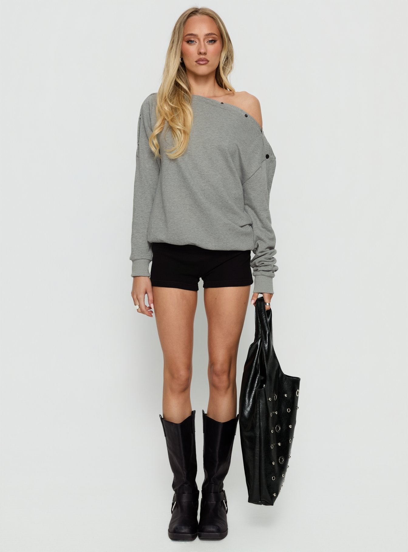 Hazle Stud Detail Off Shoulder Jumper Grey