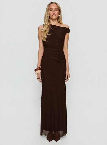 Krystyna Off Shoulder Ruched Maxi Dress Chocolate