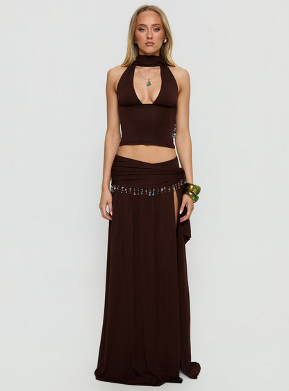 Spirita Beaded Sarong Maxi Skirt Brown