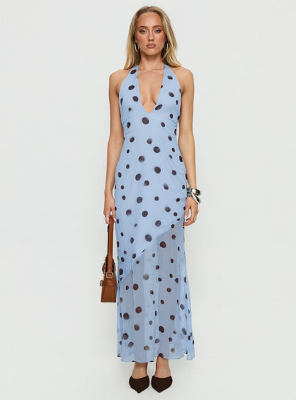 Oralee Halter Sheer Maxi Dress Blue / Polka Dot