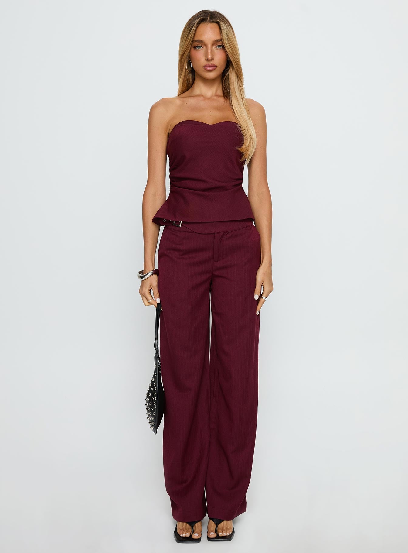 Jinny Relaxed Buckle Tailored Pants Berry Pinstripe