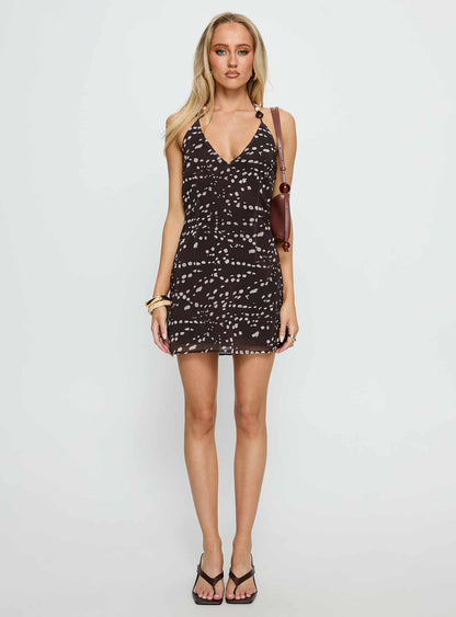 Karysa Halter Beaded Mini Dress Brown Multi