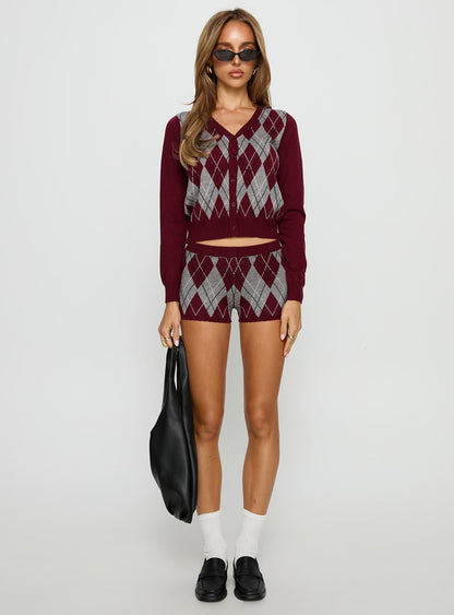 Raiven Knit Cardigan Burgundy Argyle