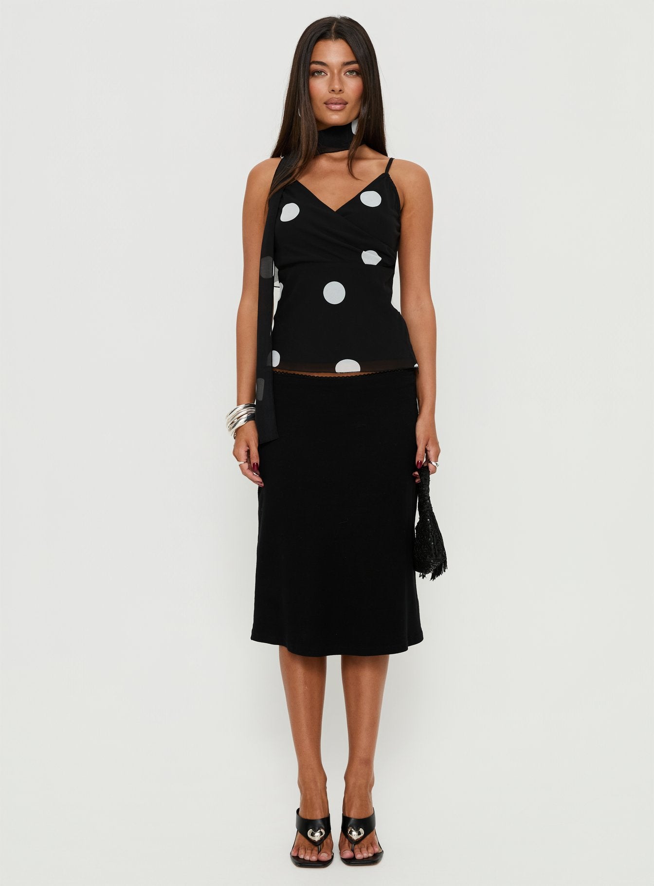 Jenae Scarf Detail Cami Top Black / White Polka
