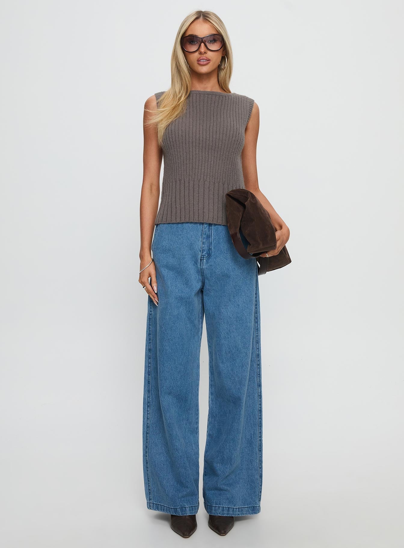 Peerless Ribbed Sleeveless Top Charcoal