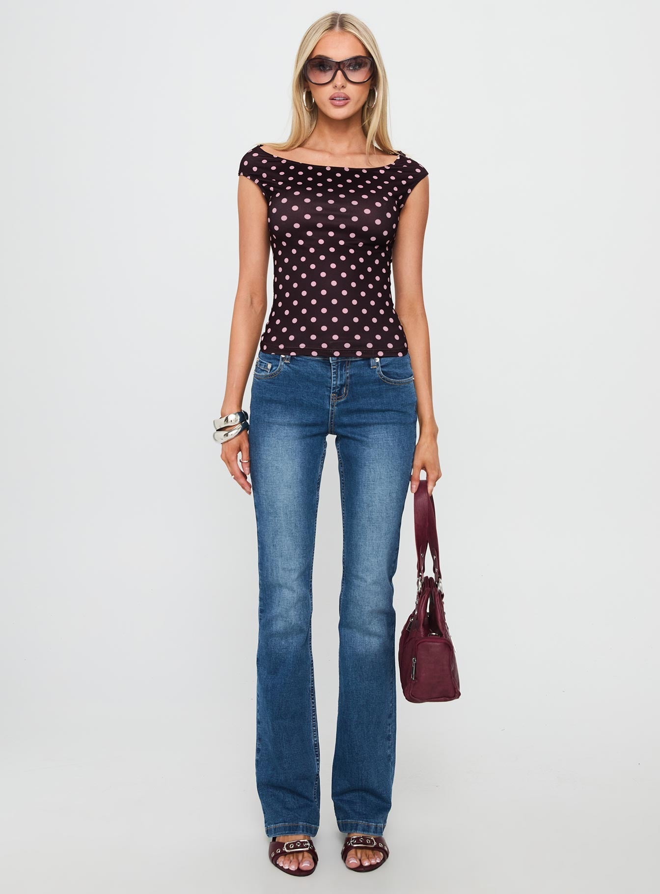 Cheirosa Off Shoulder Top Chocolate / Pink