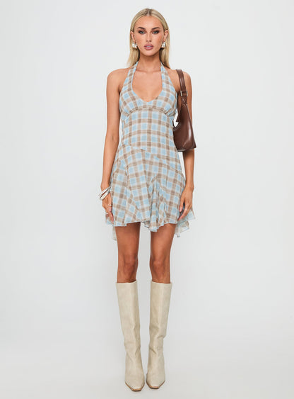 Valorie Halter Mini Dress Blue Check