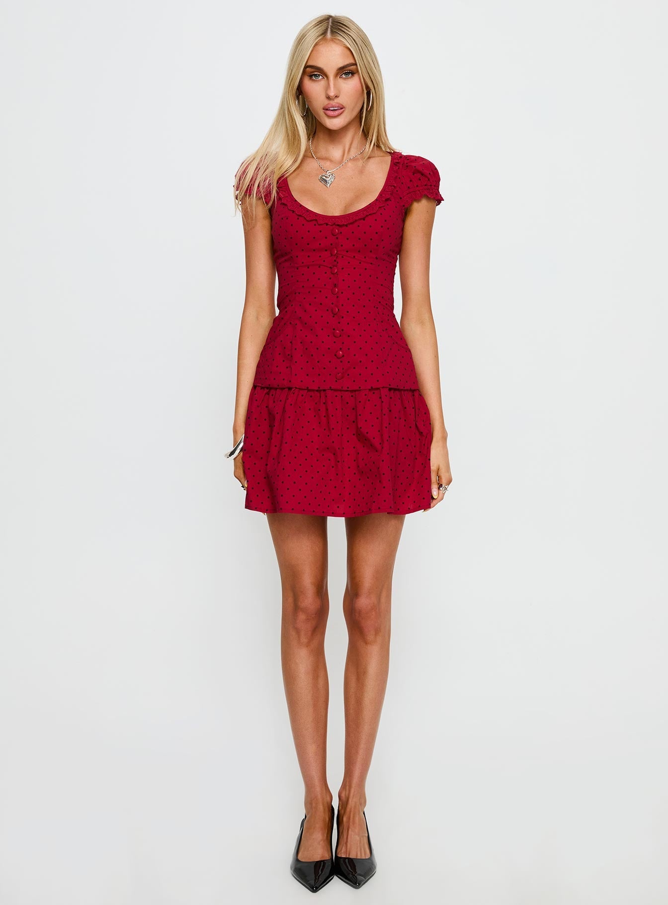 Ottillie Lace Trim Button Down Mini Dress Red Polka Dot
